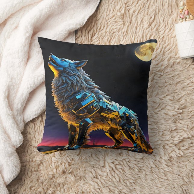 Metallic Wolf Howling Under a Full Moon Cushion (Blanket)