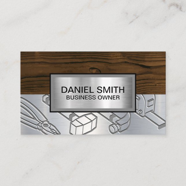 Metallic Wood Grain | Industrial Tools Engraved Business Card (Front)