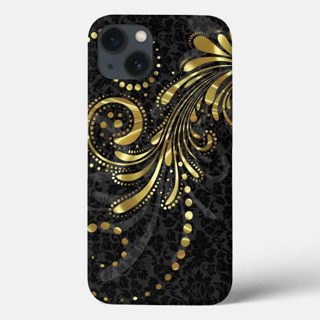 Metallic Yellow Gold Floral Swirl On Black Damasks Case-Mate iPhone Case (Back)