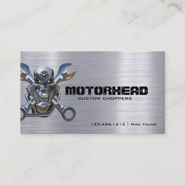 Metalwork Skull and Wrench on Brushed Aluminium Business Card (Front)
