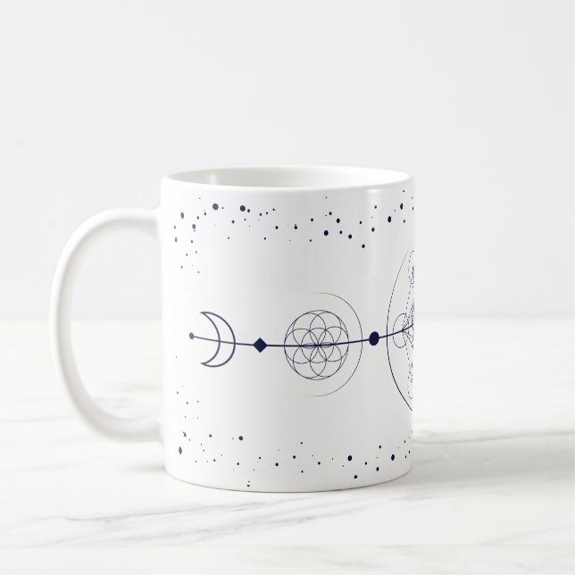 Metatron moon and stars sacred geometry blue coffee mug (Left)