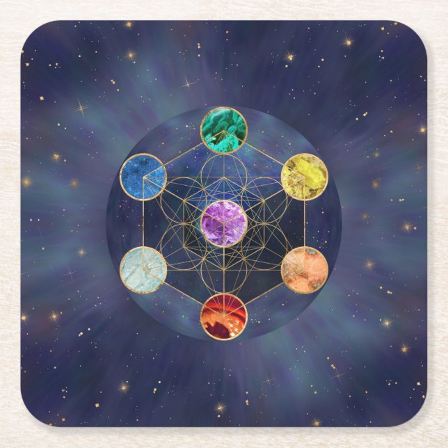 Metatron's Cube Chakras Sacred Geometry Square Paper Coaster (Front)