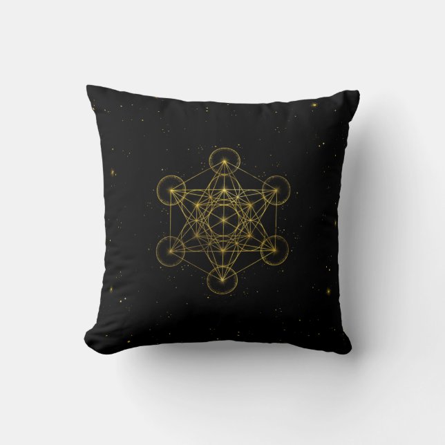 Metatron's Cube Sacred Geometry Black and gold Cushion (Front)