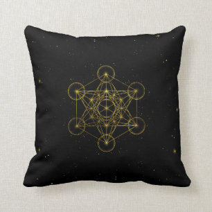 Metatron's Cube Sacred Geometry Black and gold Cushion