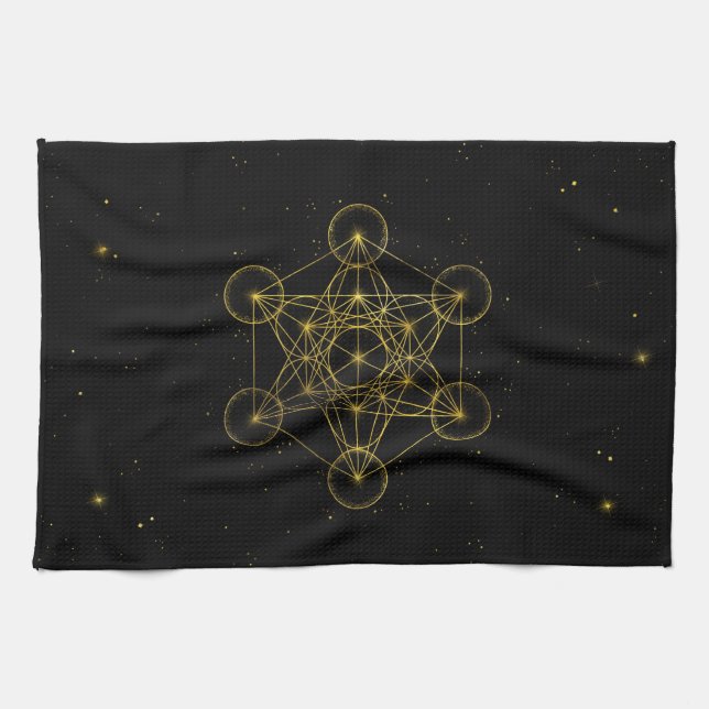Metatron's Cube Sacred Geometry Black and gold Tea Towel (Horizontal)