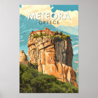 Meteora Greece Illustration Travel Art Vintage