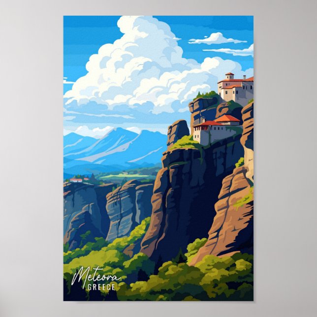 Meteora Greece vintage travel illustration Poster (Front)
