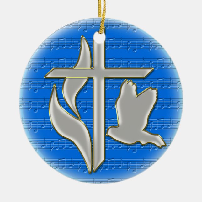 Methodist cross with dove ceramic tree decoration (Front)
