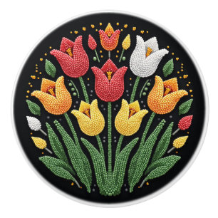 Metis First Nations Beadwork Tulips Ceramic Knob