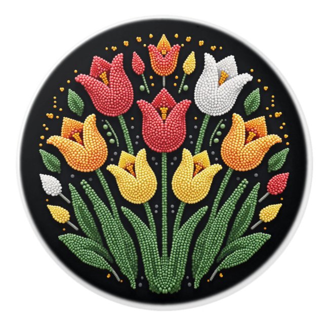 Metis First Nations Beadwork Tulips Ceramic Knob (Front)