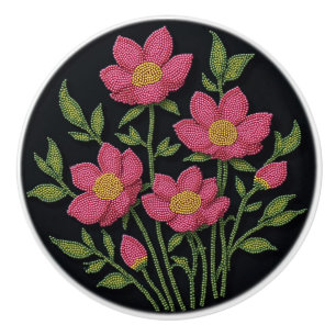 Metis Native Beadwork Cosmos Flowers Ceramic Knob