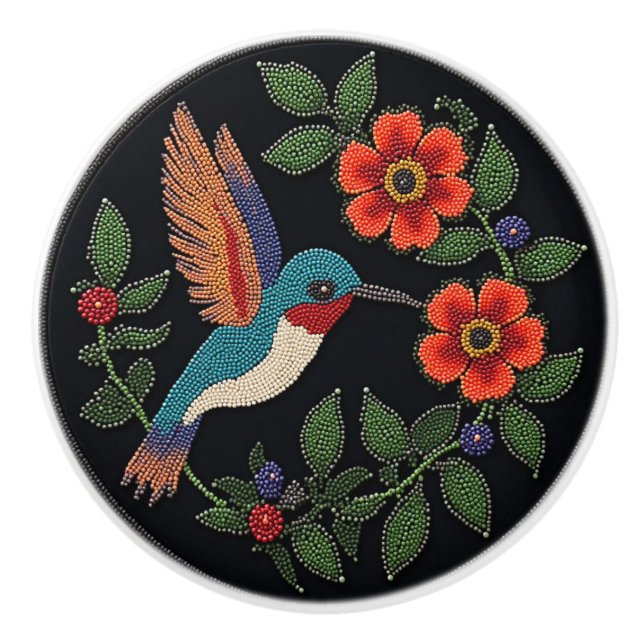 Metis Native Beadwork Hummingbird Ceramic Knob (Front)