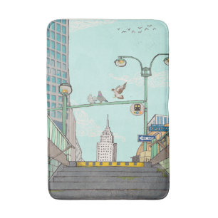 Metro Stop Manhattan NYC Whimsical Illustration Bath Mat