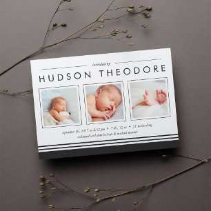 Metro Stripe Birth Announcement   Charcoal