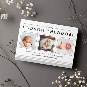 Metro Stripe Birth Announcement   Grey