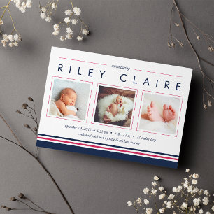 Metro Stripe Birth Announcement   Pink and Navy