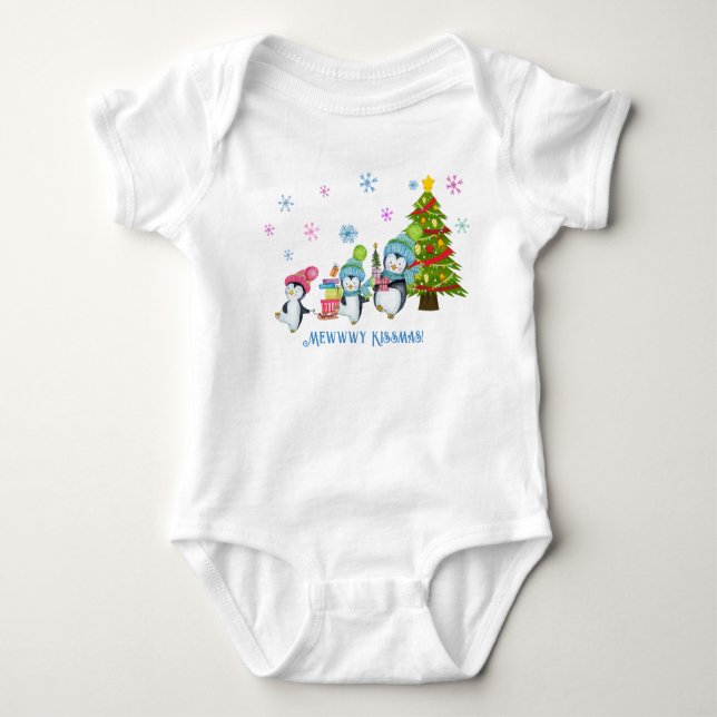 Mewwwy Kissmas Penguins, Sled and Tree  Baby Bodysuit (Front)