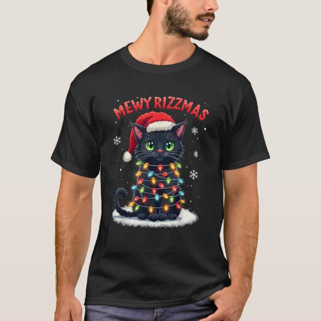 Mewy Rizzmas Funny Santa Cat Mewing Joke Rizz Xmas T-Shirt (Front)