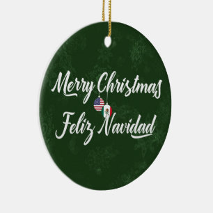 Mexican American Bilingual Merry Christmas Ceramic Ornament