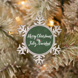 Mexican American Bilingual Merry Christmas Snowflake Pewter Christmas Ornament