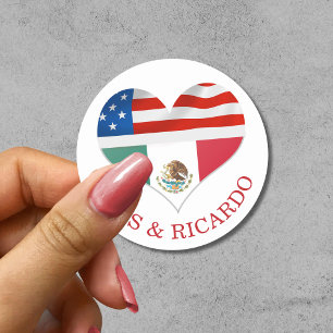 Mexican American Flags Hearts wedding Classic Round Sticker