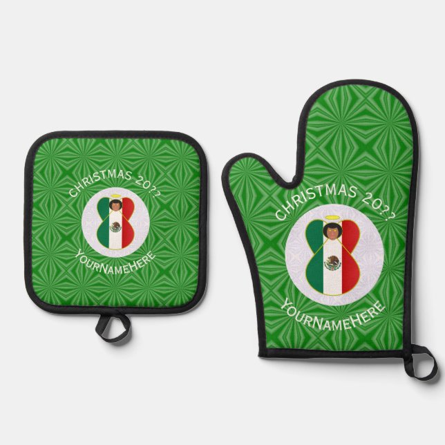 Mexican Angel Christmas Flag Personalised  Oven Mitt & Pot Holder Set (Front)