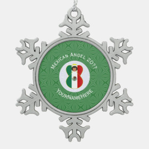 Mexican Angel Christmas Flag Personalised Snowflake Pewter Christmas Ornament