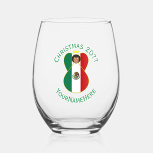 Mexican Angel Christmas Flag Personalised Text Stemless Wine Glass
