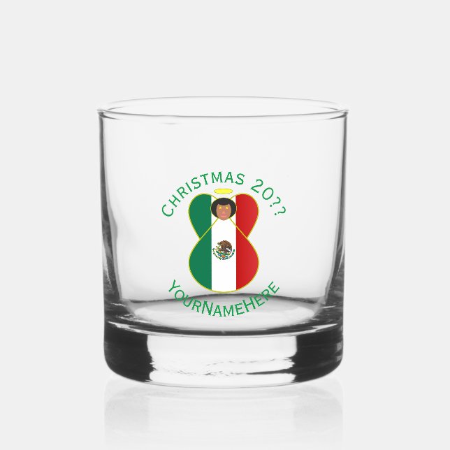 Mexican Angel Christmas Flag Personalised Text Whiskey Glass (Front)