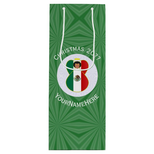 Mexican Angel Christmas Flag Personalised Wine Gift Bag (Front)