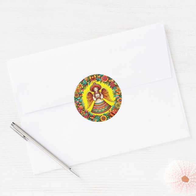 Mexican Angel Girl flowers wreath art illustration Classic Round Sticker (Envelope)