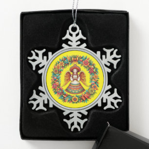 Mexican Angel Girl flowers wreath art illustration Snowflake Pewter Christmas Ornament