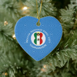 Mexican Angel Hanukkah Flag Personalised  Ceramic Ornament<br><div class="desc">An angel flies wearing the flag of Mexico for Hanukkah. She flies in a white circle of squiggly squares on a background of blue squiggly squares. Customise this heart shaped ceramic ornament by adding the year you want to make this special. Personalise with your name, or someone else's name if...</div>