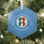 Mexican Angel Hanukkah Flag Personalised  Glass Tree Decoration<br><div class="desc">An angel flies wearing the flag of Mexico for Hanukkah. Designed for families with multiple religions, she flies in a white circle of squiggly squares on a background of blue squiggly squares on a hexagon shaped glass ornament. Customise by adding the year you want to make this special. Personalise with...</div>