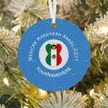 Mexican Angel Hanukkah Flag Personalised  Metal Tree Decoration<br><div class="desc">An angel flies wearing the flag of Mexico for Hanukkah. Designed for families with multiple religions, she flies in a white circle of squiggly squares on a background of blue squiggly squares on a round, metal ornament. Customise by adding the year you want to make this special. Personalise with your...</div>