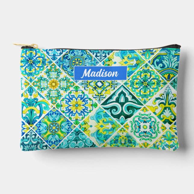 Mexican aqua mint Sicilian Mediterranean tiles Dop Accessory Pouch (Front)