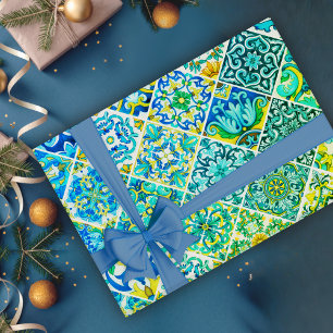 Mexican aqua mint Sicilian Mediterranean tiles Wrapping Paper