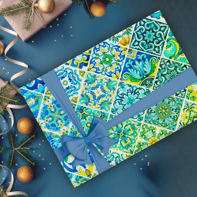 Mexican aqua mint Sicilian Mediterranean tiles Wrapping Paper (Creator Uploaded)