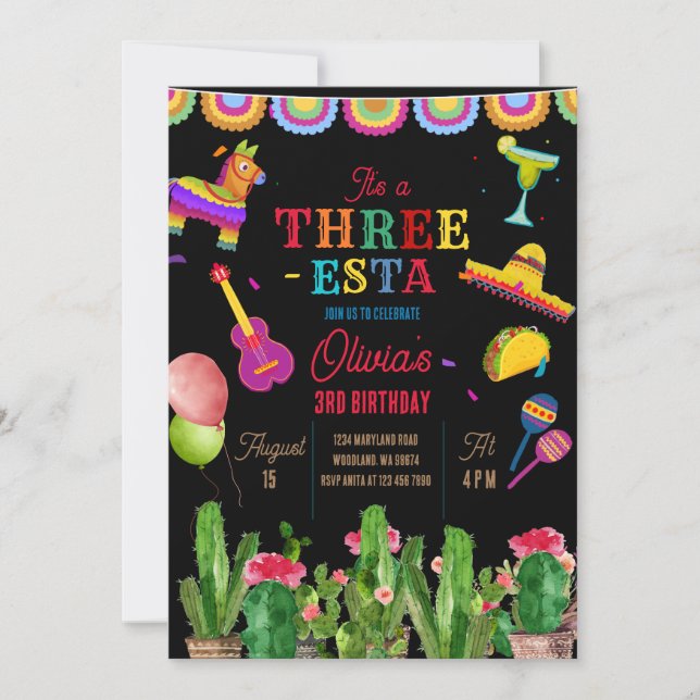 Mexican Banner Fiesta Three-Esta Girl Birthday  Invitation (Front)