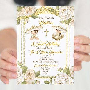 Mexican Baptism White Floral Twin Boy and Girl Invitation
