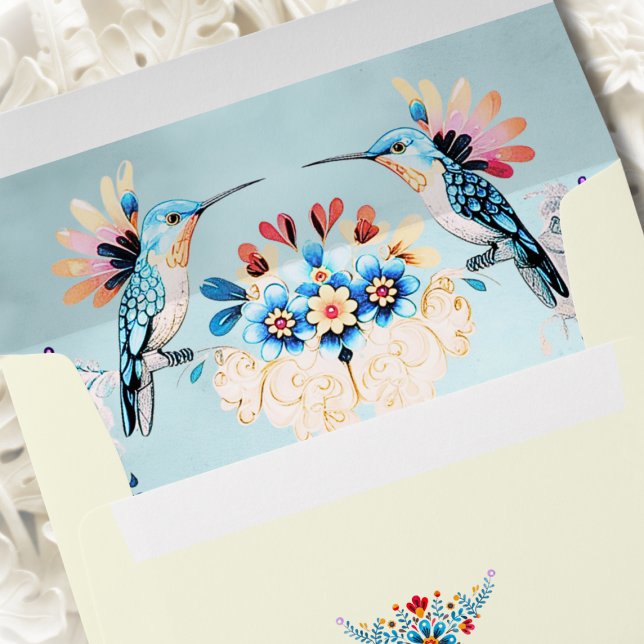 Mexican Baroque Hummingbird Floral Envelope (Close-up of turquoise hummingbird floral envelope liner in Baroque folk art style.)
