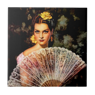 Mexican Beautiful Calendar Girl with Lace Fan Ceramic Tile