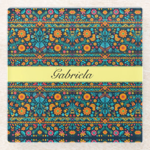 Mexican bird and flower pattern customisable glass coaster
