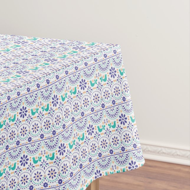 Mexican Bird Tile Folk Art Pattern Tablecloth (In Situ)