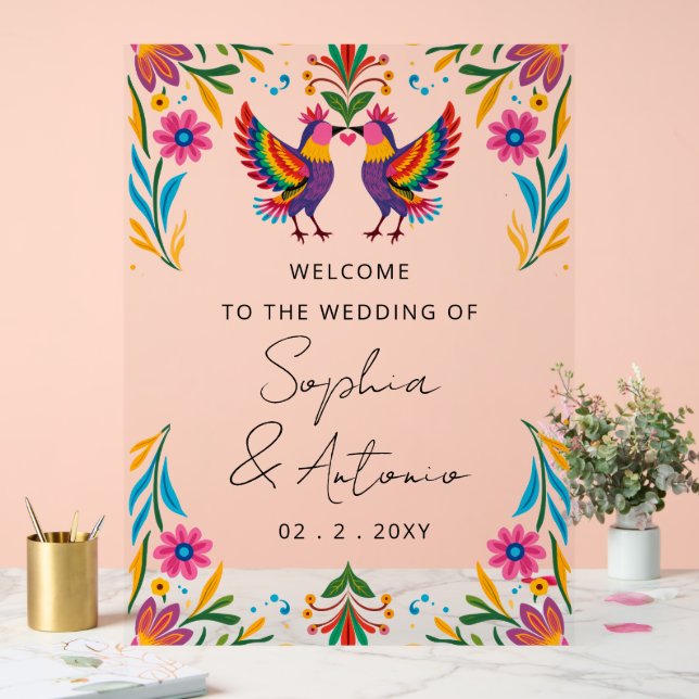 Mexican Birds Otomi Floral Fiesta Welcome Sign (Wedding)