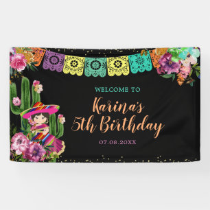 Mexican Black Colourful Fiesta Floral Birthday Banner