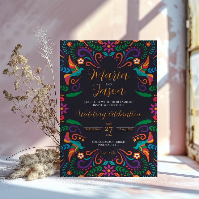 Mexican Black Colourful Floral Nuestra Boda Weddin Invitation (Mexican Black Colorful Floral Nuestra Boda Wedding Invitation)