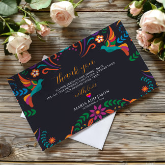 Mexican Black Colourful Floral Nuestra Boda Weddin Thank You Card