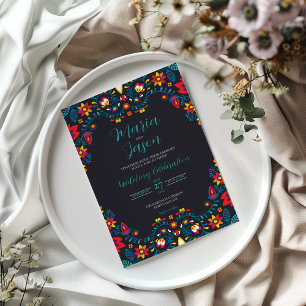Mexican Black Floral Colourful Elegant Boda Weddin Invitation