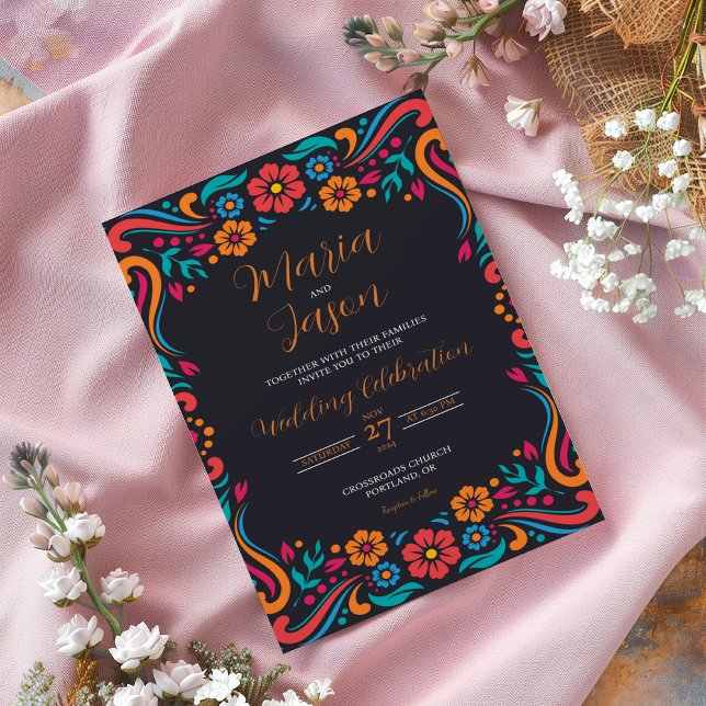 Mexican Black Floral Traditional Folk Art Wedding Invitation (Mexican Black Floral Traditional Folk Art Wedding Invitation)